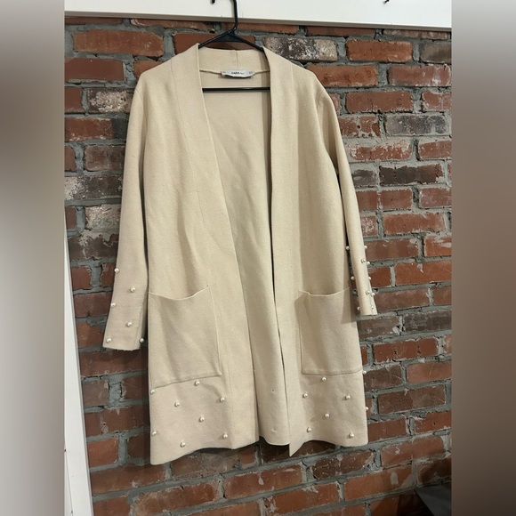 Zara Knit Cream Open Front Cardigan with Pearls Size S - Picture 2 of 5